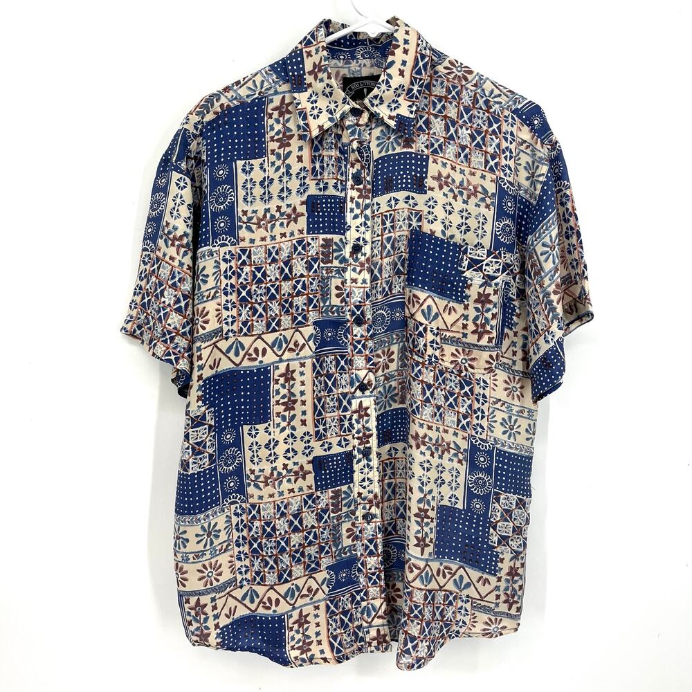 Solutions Originals Men's S Silk Short Sleeved Summer Shirt Cream Blue Patterned